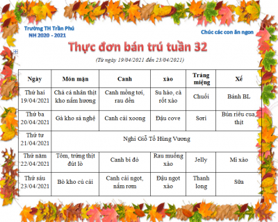 Thực đơn tuần 32 - năm học 2020-2021