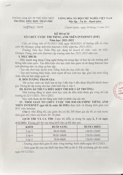 Kế hoạch triển khai cuộc thi Tiếng Anh trên Internet năm học 2021 - 2022