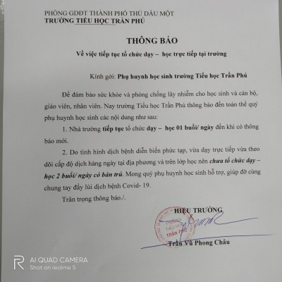 Thông báo về việc tiếp tục tổ chức dạy học trực tiếp tại trường