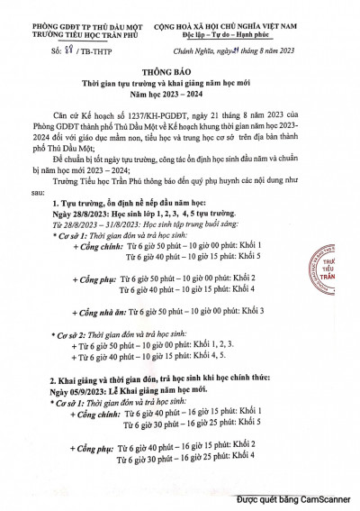 THÔNG BÁO  TỰU TRƯỜNG