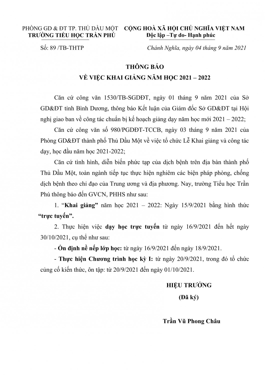 thông báo khai giảng 1