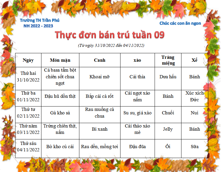 Thực đơn tuần 9 - năm học 2022 - 2023