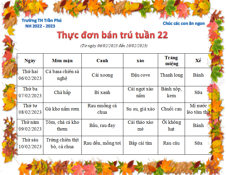 Thực đơn tuần 22 - năm học 2022 - 2023